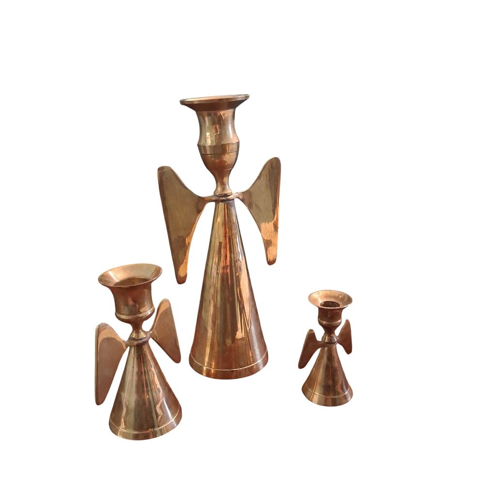 Vintage Enesco Imports Corp 3 piece angel candle holder set Brass Christmas